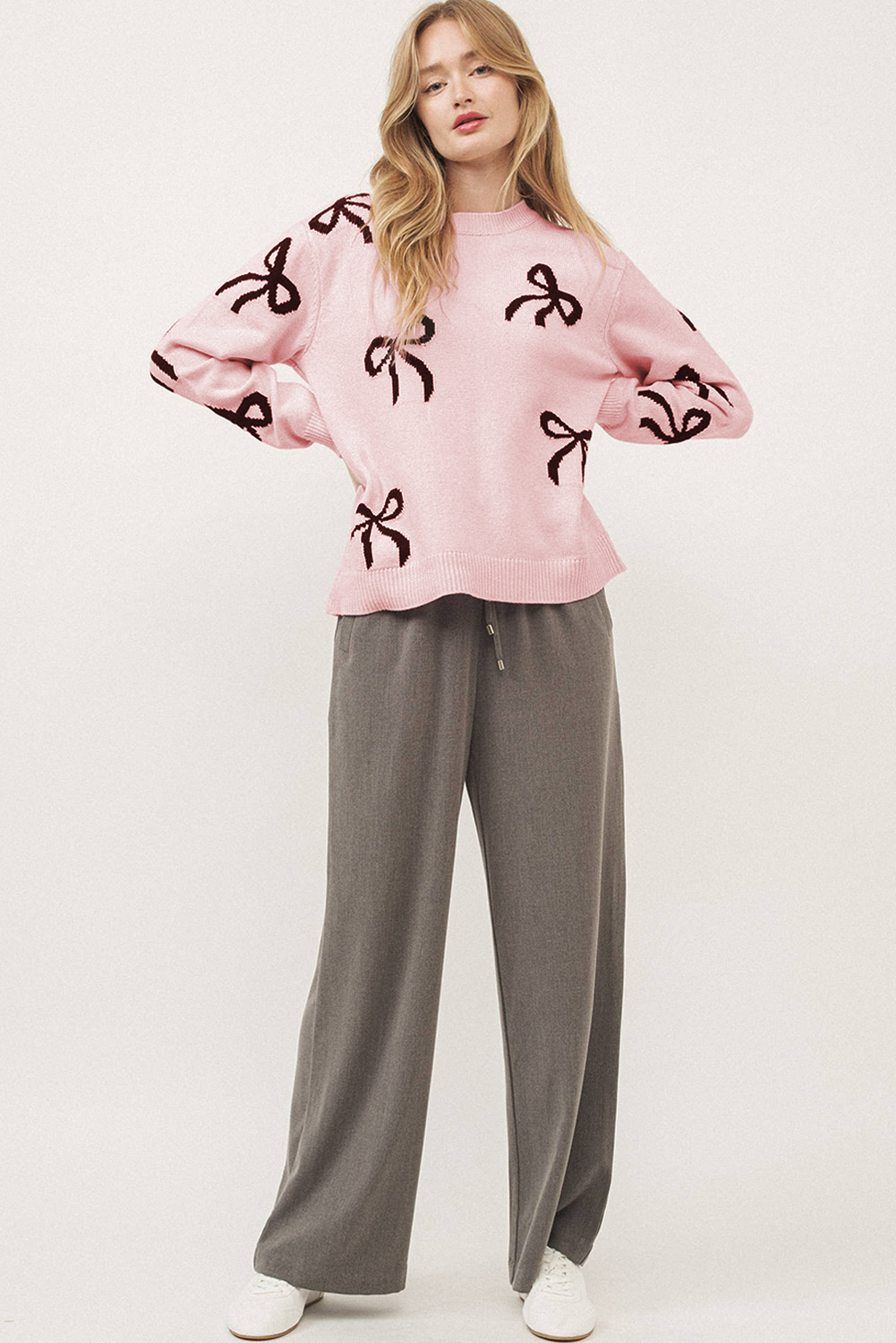 Light Pink Bow Pattern Knitted Loose Fit Sweater - loveforevers