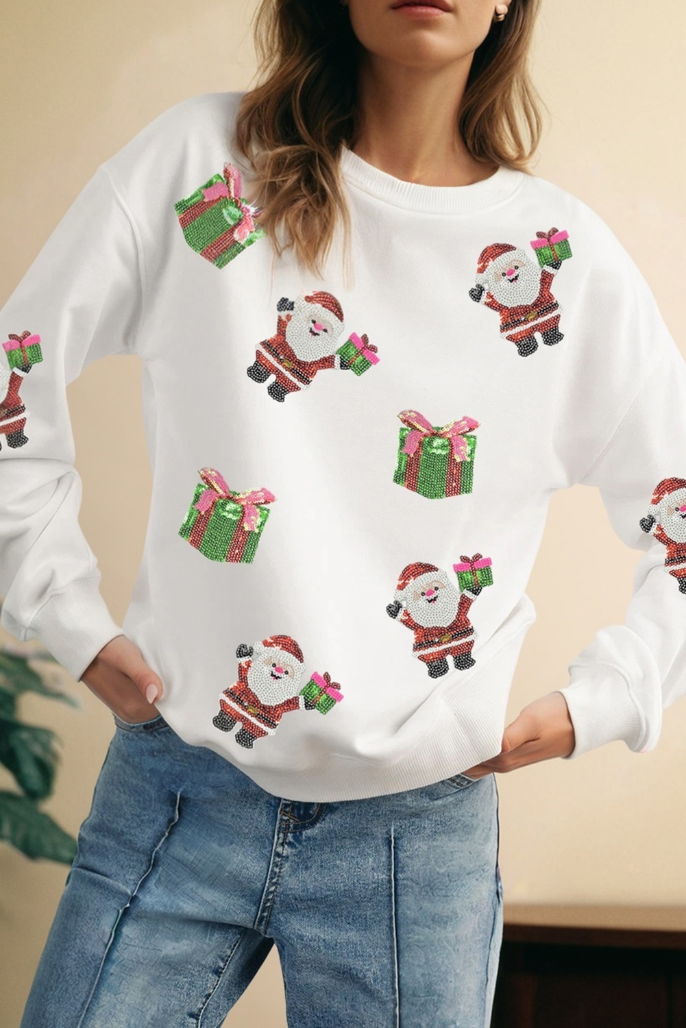 Dark Green Santa Delivering Gifts Christmas Sequin Graphic Sweatshirt - loveforevers