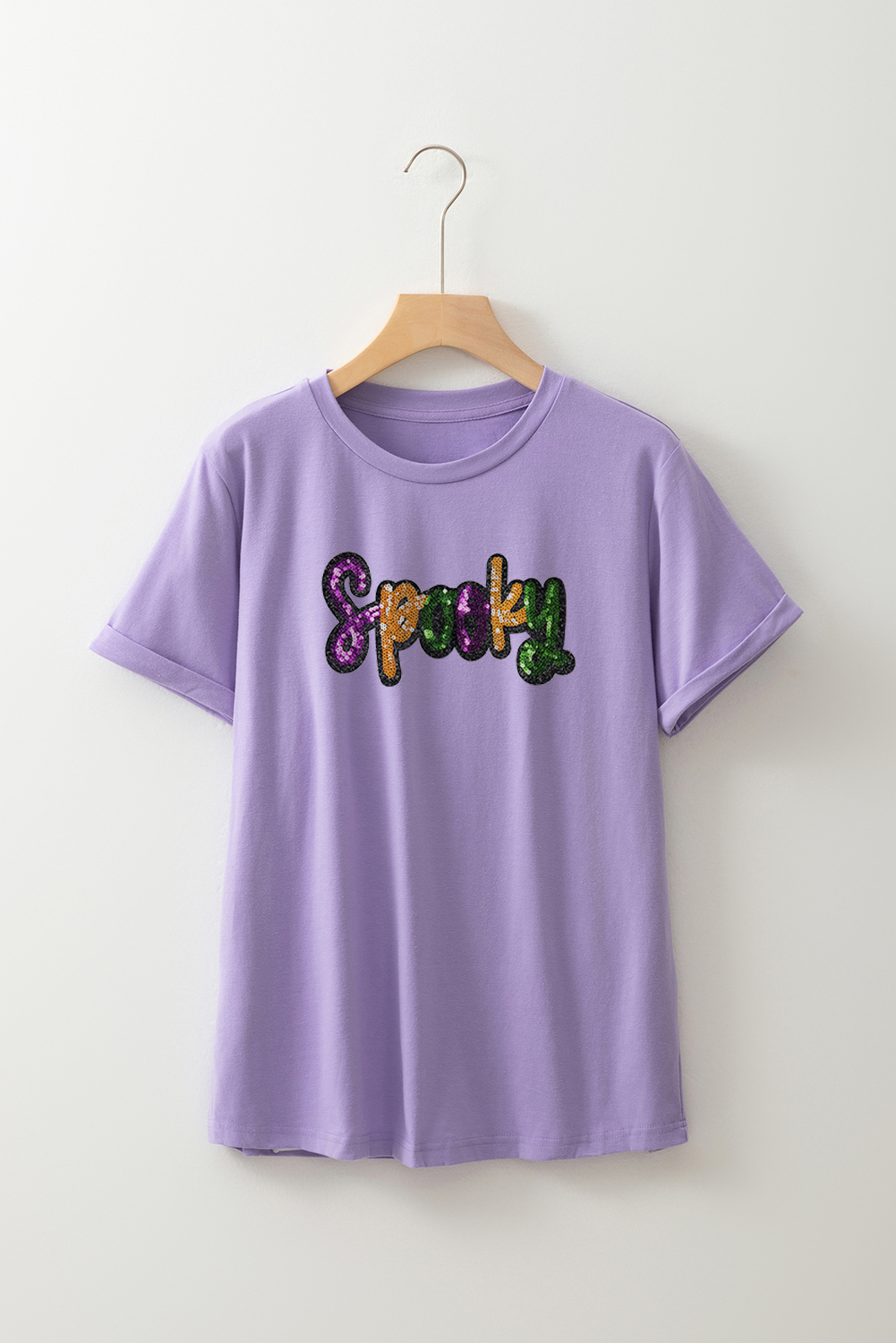 Wisteria Spooky Sequin Letter Patched Cotton Blend T Shirt - loveforevers