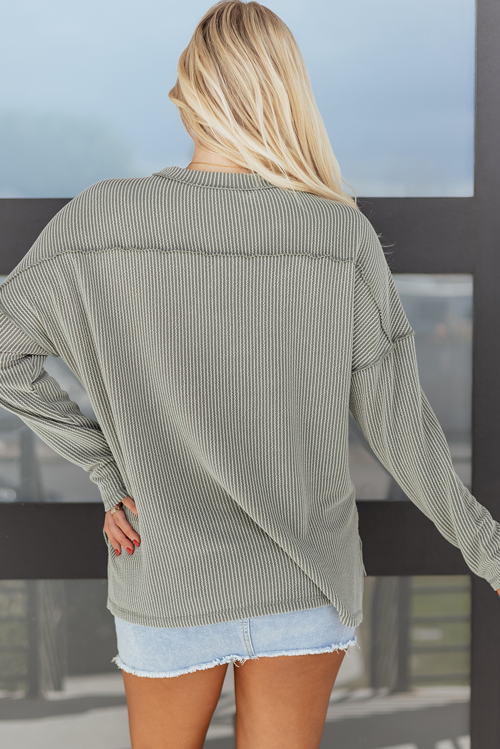 Dark Khaki Twist Ribbed Exposed Seam Detail Long Sleeve Loose Top - loveforevers