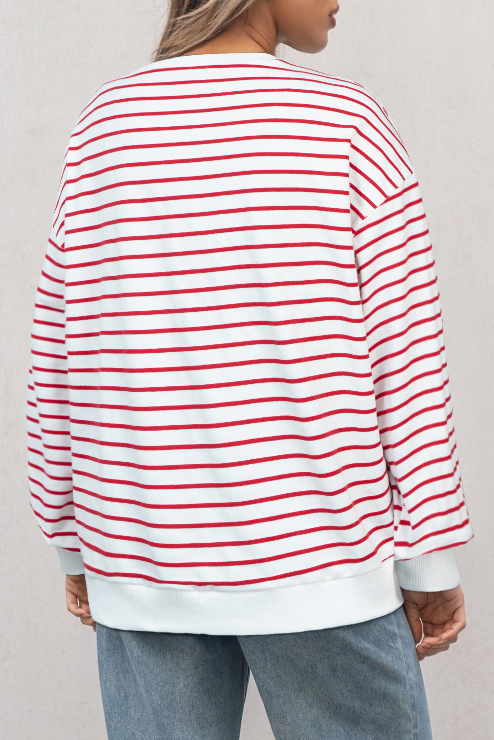 Burgundy Striped Long Sleeve Round Neck Loose Top - loveforevers