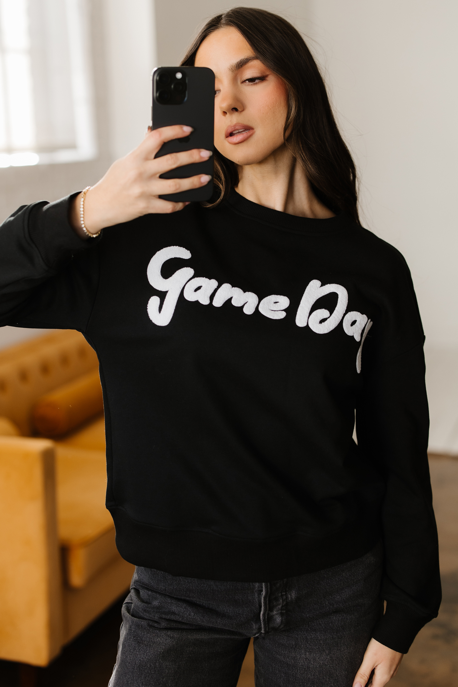 Black Chenille Game Day Graphic Drop Shoulder Sweatshirt - loveforevers