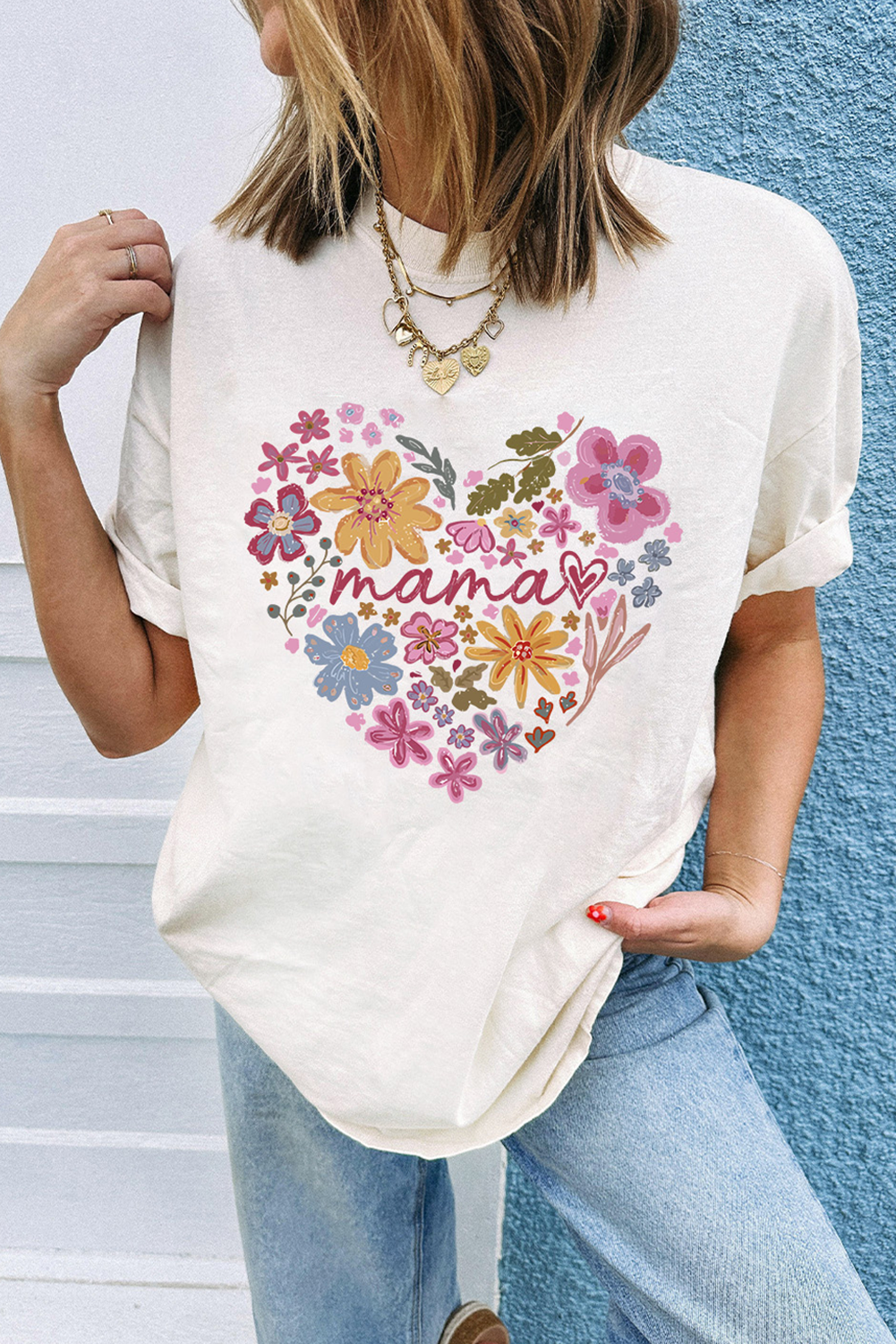 White MAMA Flower Heart Cotton Blend Graphic Tee - loveforevers