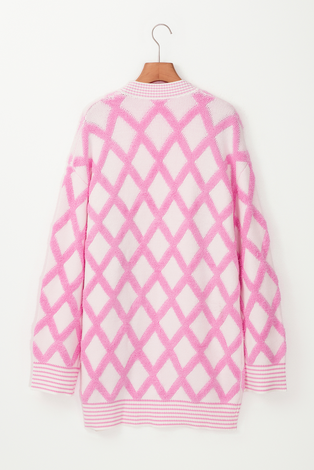 Pink Rhombus Pattern Knit Open Front Pocketed Cardigans - loveforevers