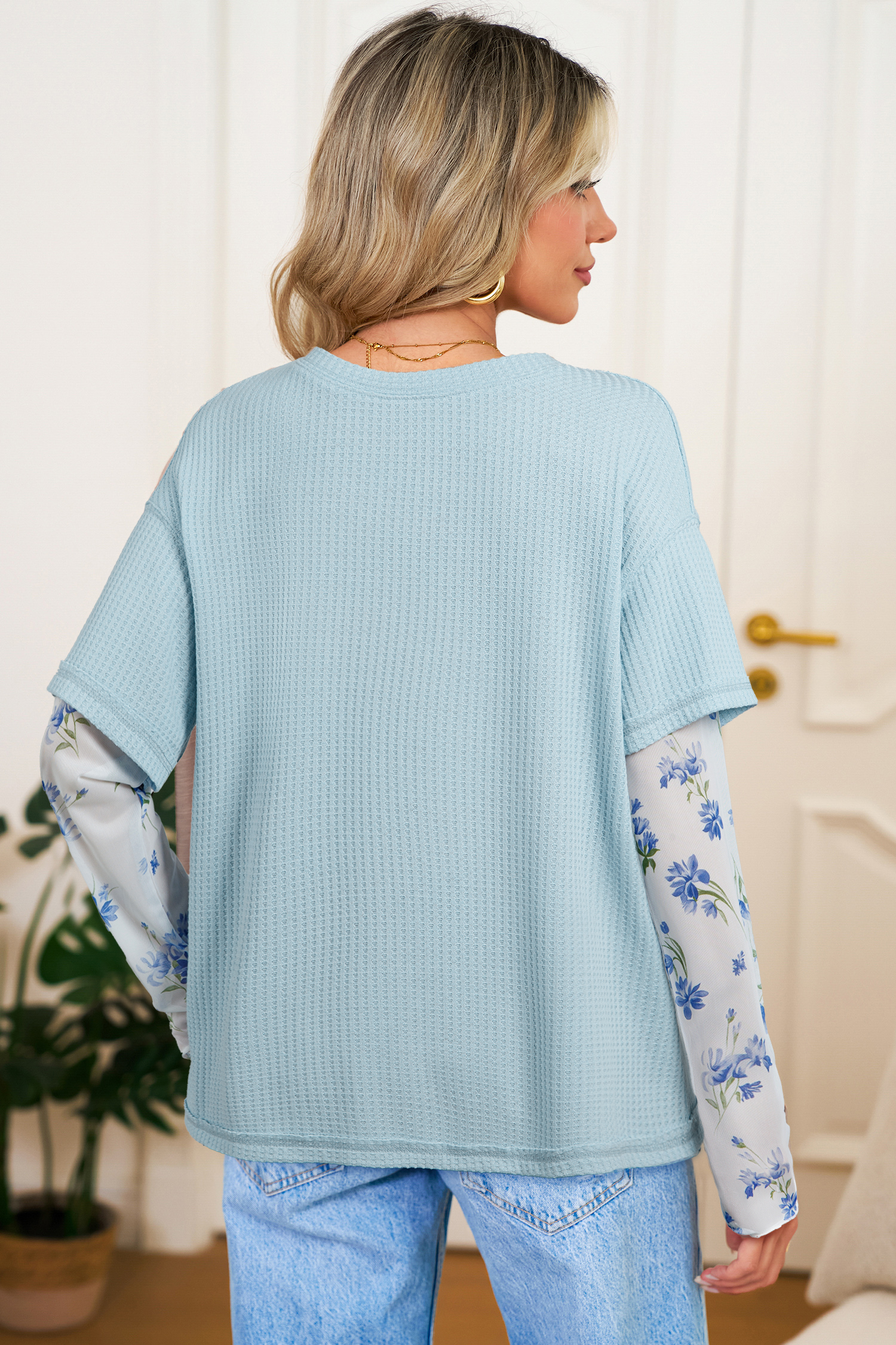 Beau Blue Floral Lace Sleeve Patchwork Waffle Fake Two-piece Top - loveforevers