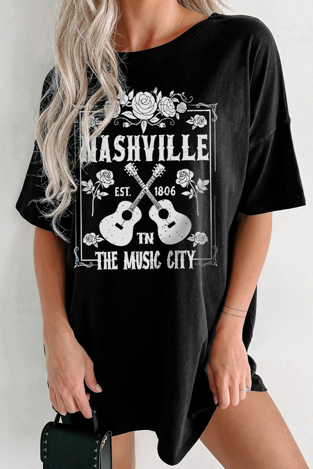 Black Rose Guitar Nashville Music City Graphic Tunic T Shirt - loveforevers