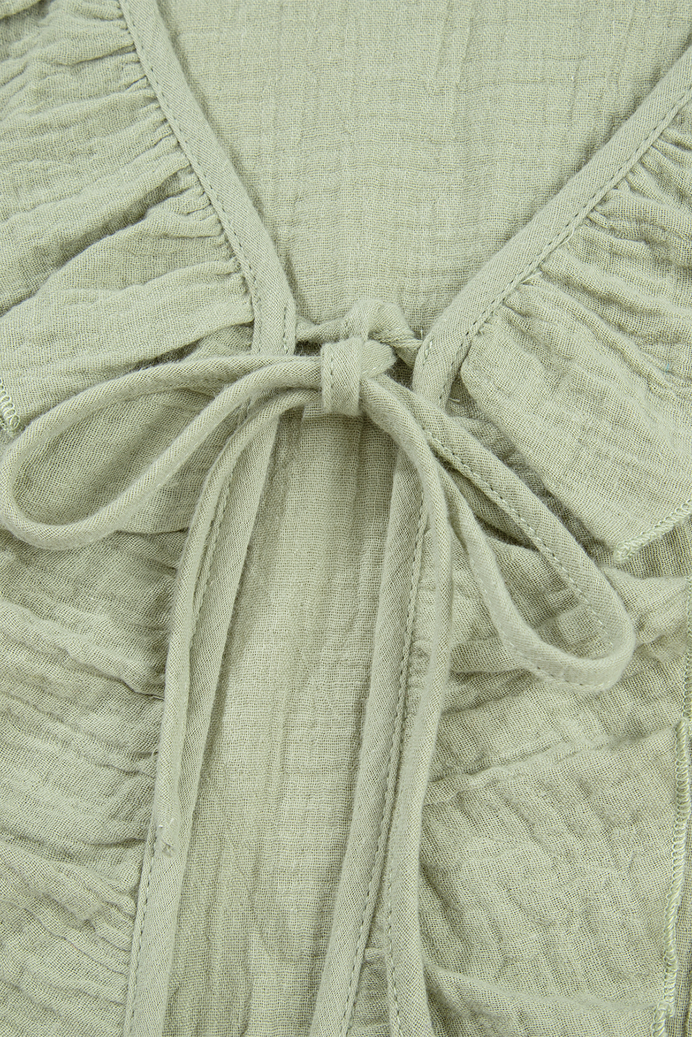 Meadow Mist Green Bow Tie Front Ruffle Trim V Neck Long Sleeve Gauze Blouse - loveforevers