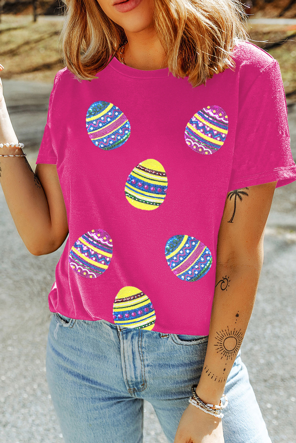 Rose Red Sequin Easter Egg Graphic Casual T Shirt - loveforevers