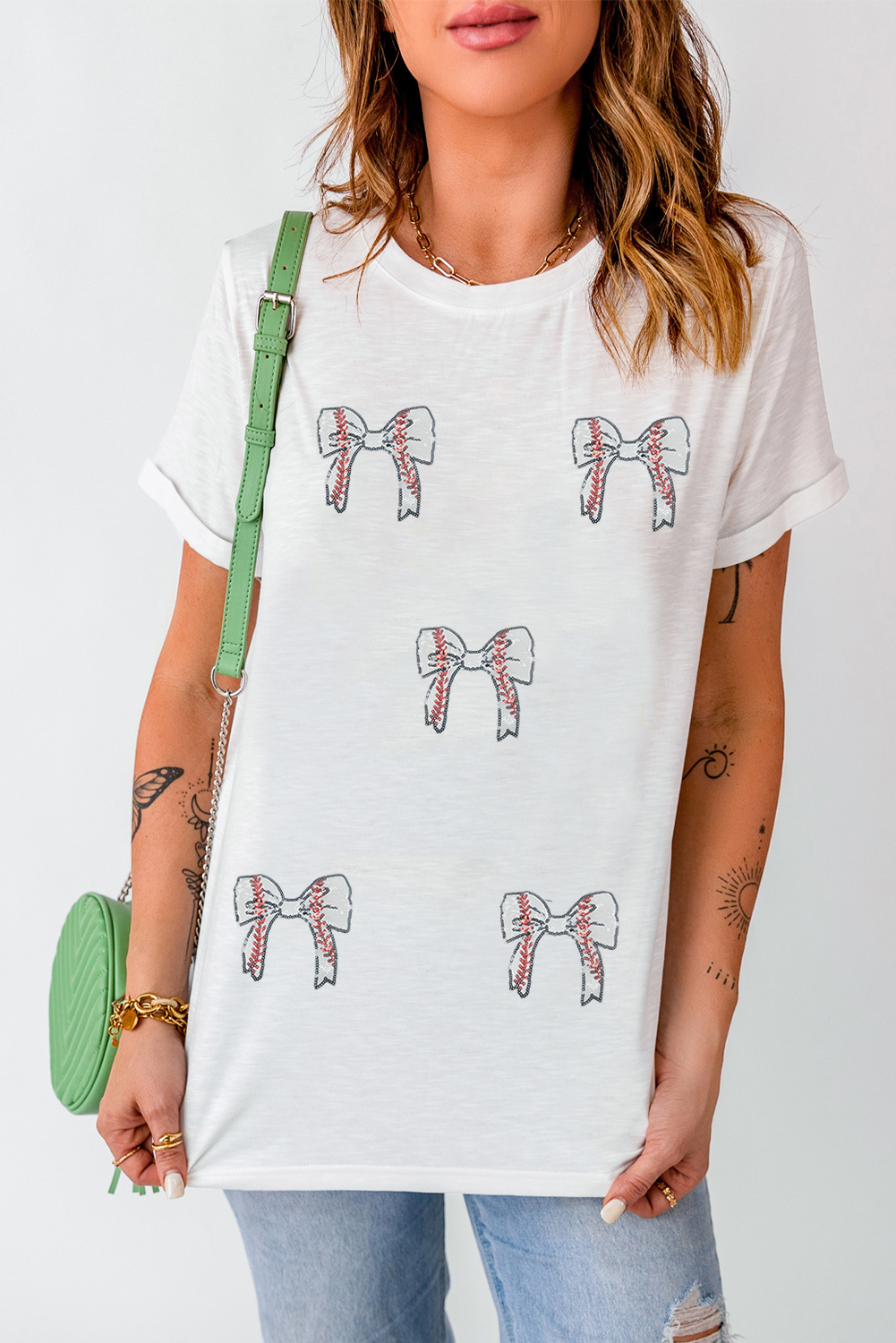 Black Glitter Baseball Bow Patched Cotton Blend T Shirt - loveforevers