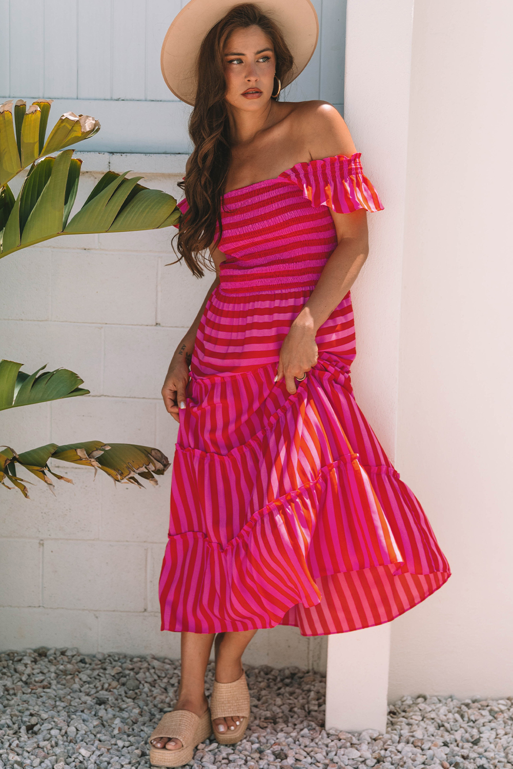 Rose Stripe Flutter Sleeve Smocked Bodice Tiered Maxi Dress - loveforevers