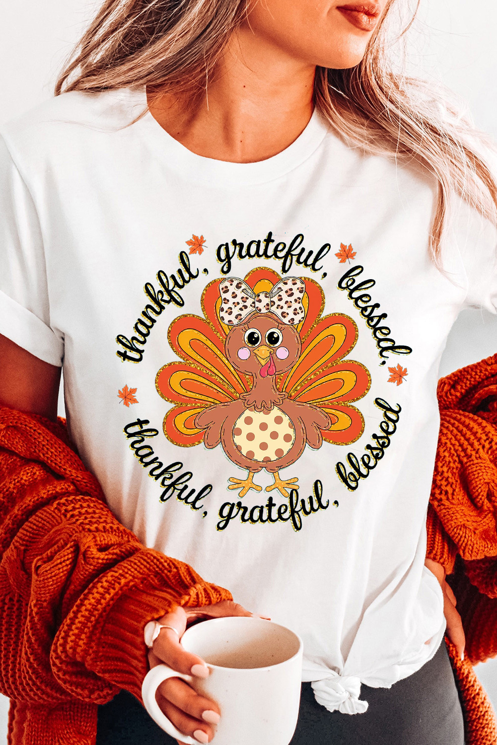 White Thanksgiving Cute Turkey Print Cotton Blend T Shirt - loveforevers