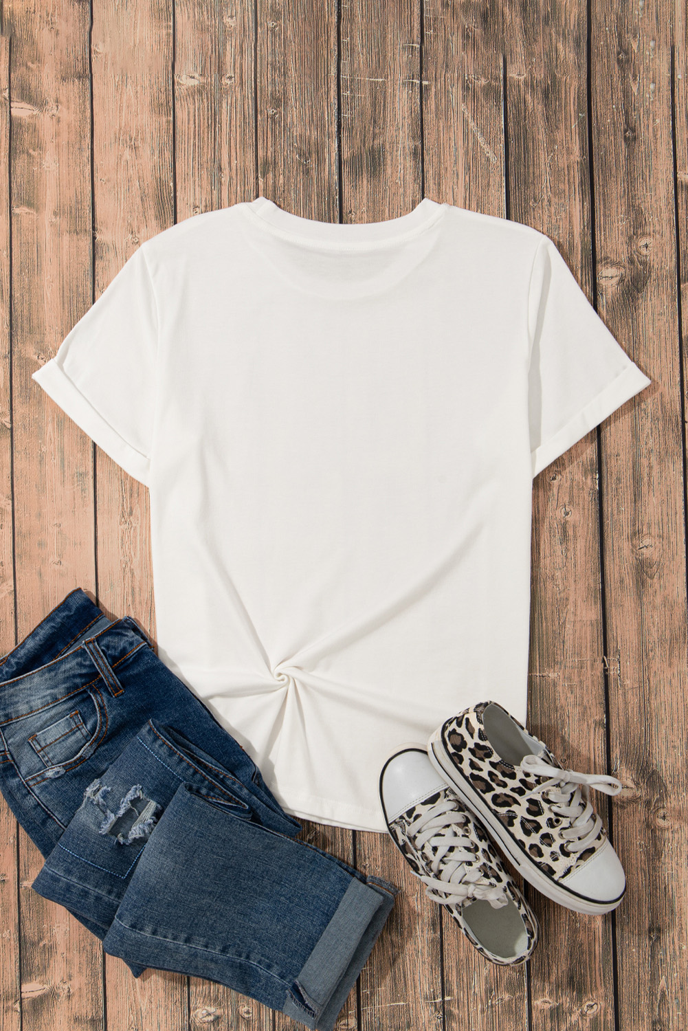 White Large Rose Print Round Neck T Shirt - loveforevers