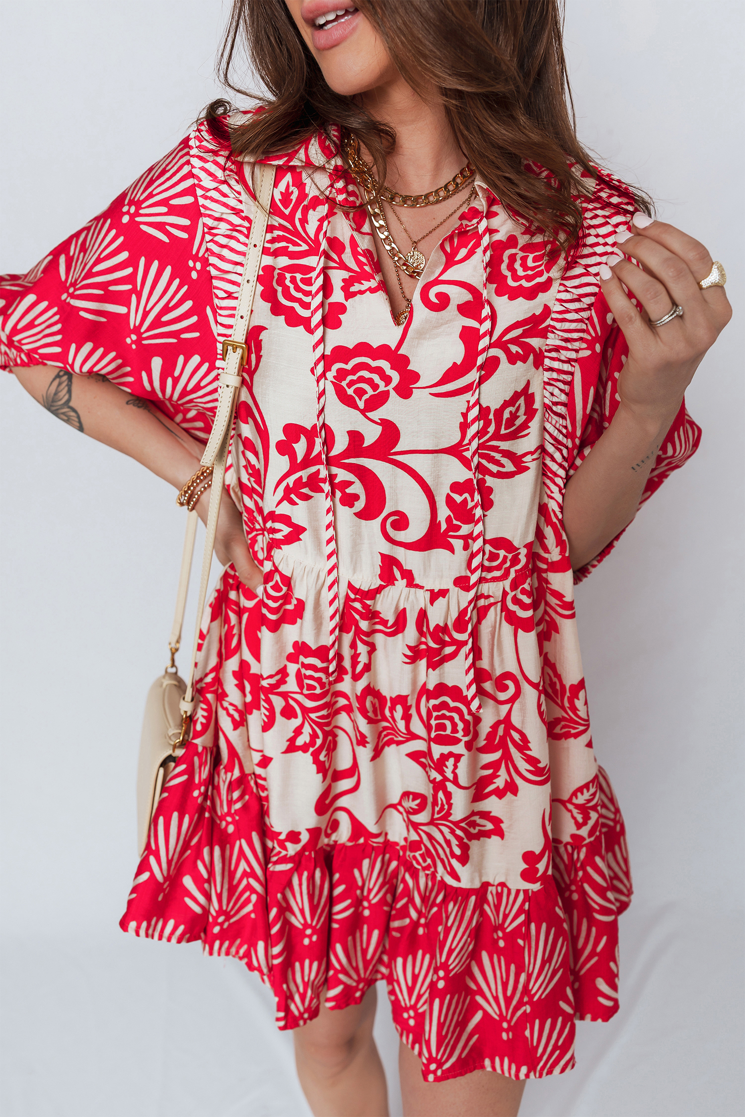 Red Collared V Neck Half Sleeve Loose Flower Mini Dress - loveforevers