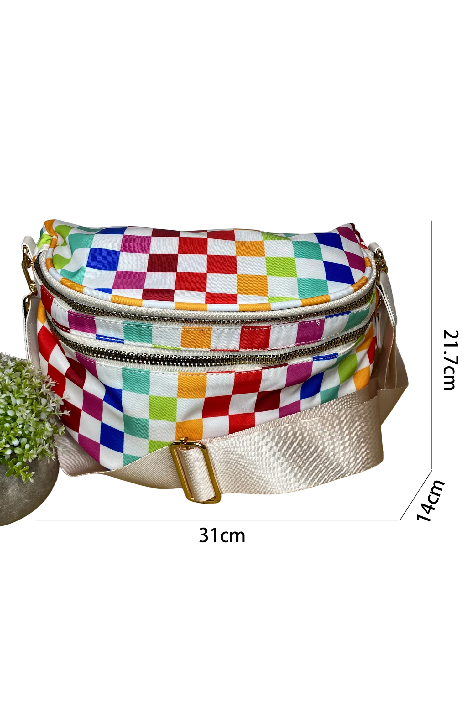 White Pretty Checkerboard Canvas Double Zip Crossbody Bag - loveforevers