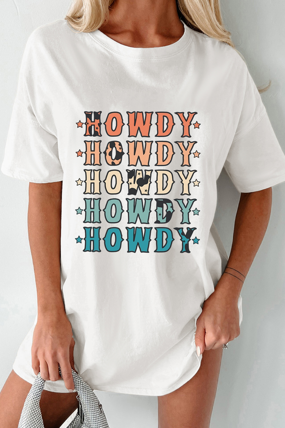 White HOWDY Stars Print Crew Neck Loose Fit T Shirt - loveforevers