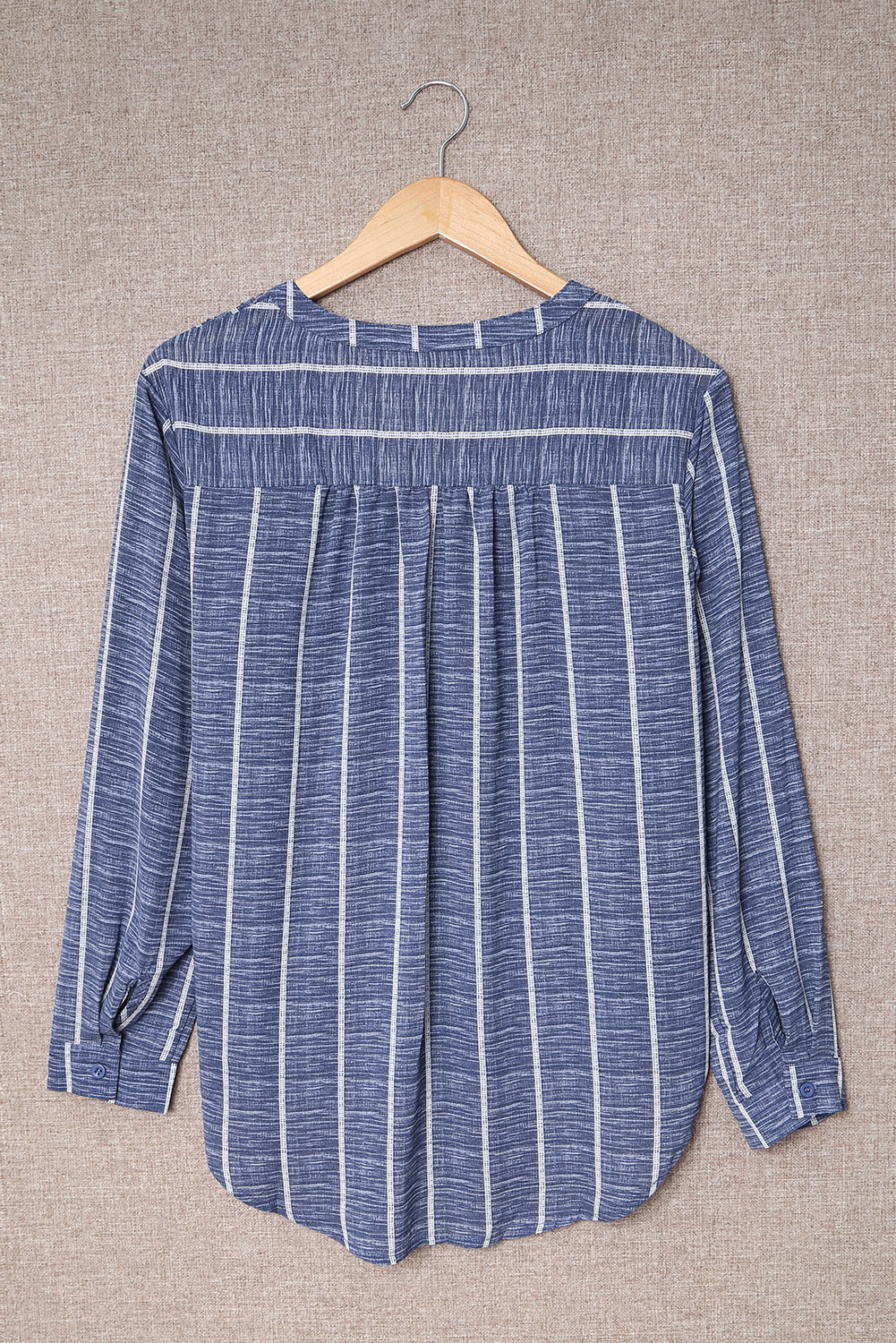 Blue Striped Print V Neck Half Buttons Loose Blouse - loveforevers