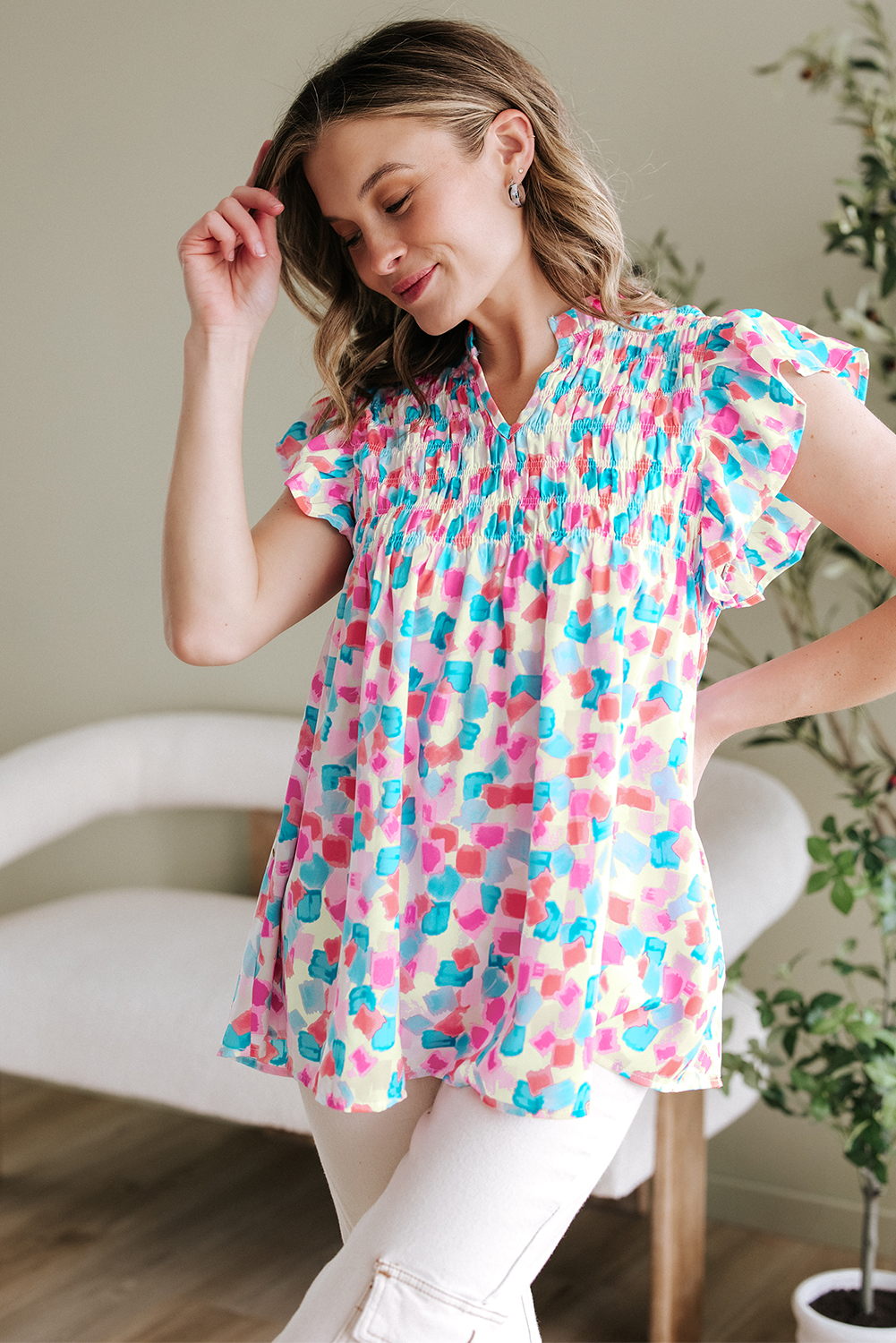 Sky Blue Shirred Yoke Ruffled Abstract Printed Blouse - loveforevers