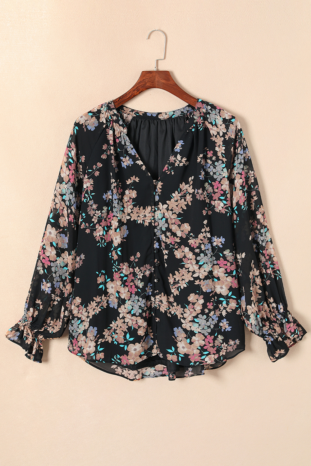 Black Wildflower Print Chiffon Blouse - loveforevers