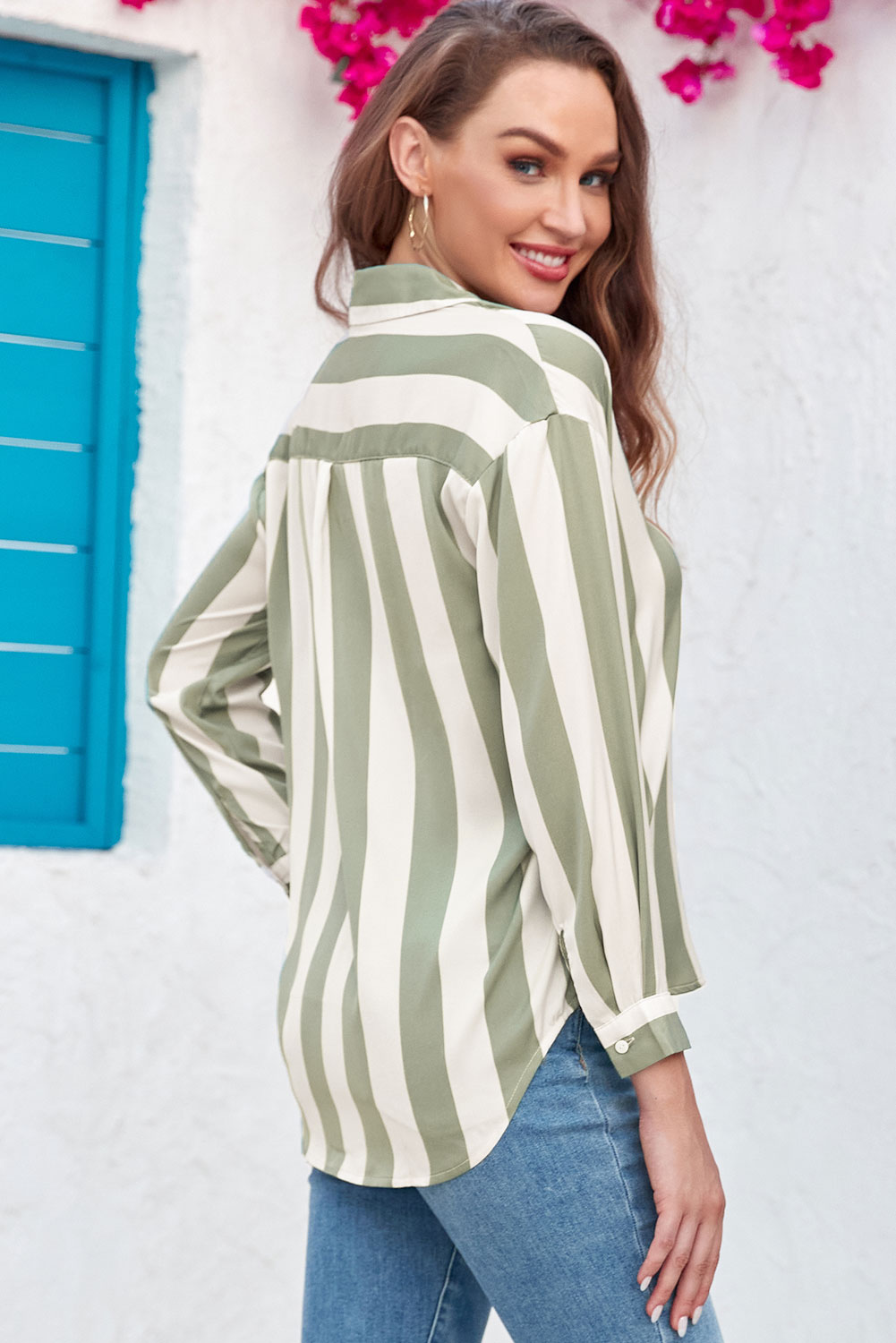 Green Striped Soft Relaxed Button Up Shirt - loveforevers