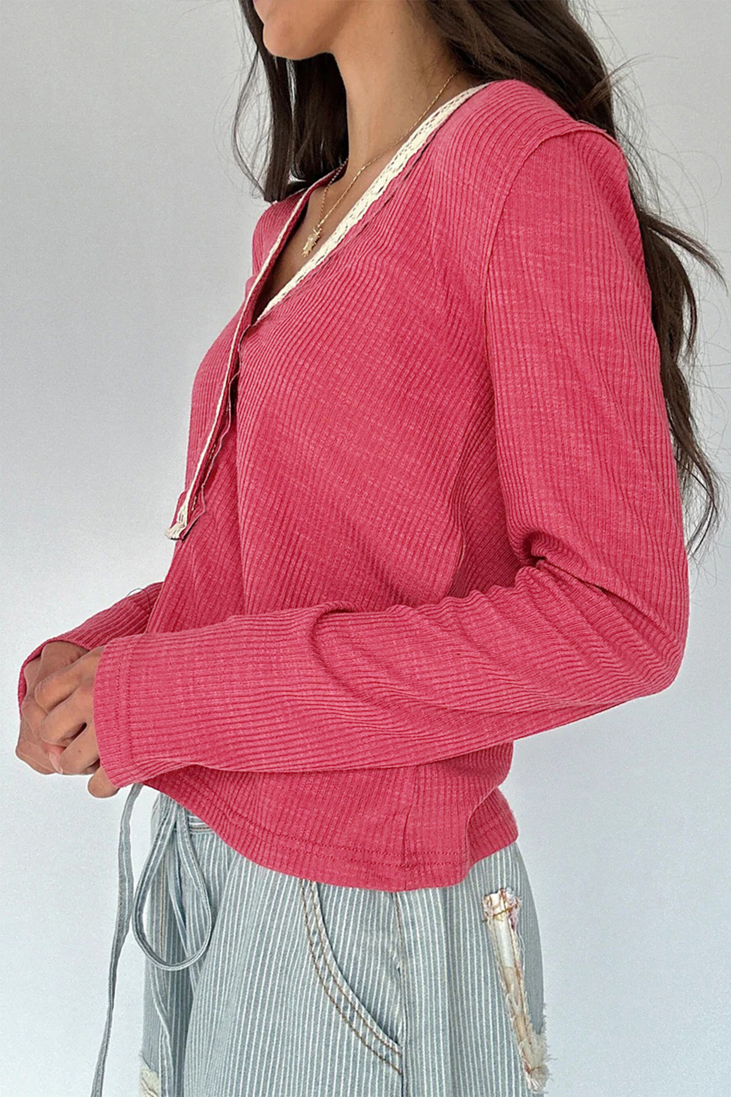 Racing Red Ribbed Texture Contrasted Lace Trim Button V Neck Long Sleeve Top - loveforevers