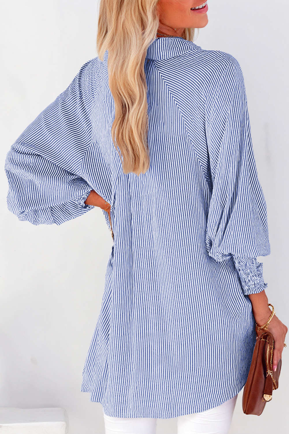 Red Stripe Smocked Cuffed Striped Boyfriend Shirt with Pocket - loveforevers