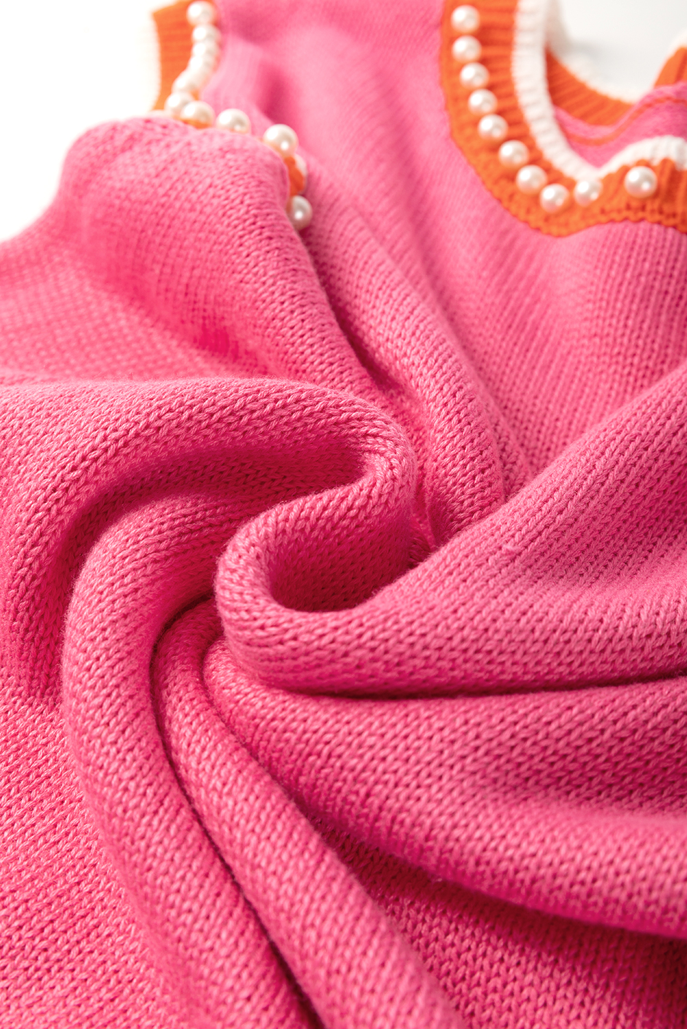 Bright Pink Contrast Trim Pearl Detail Sweater Tank Top - loveforevers