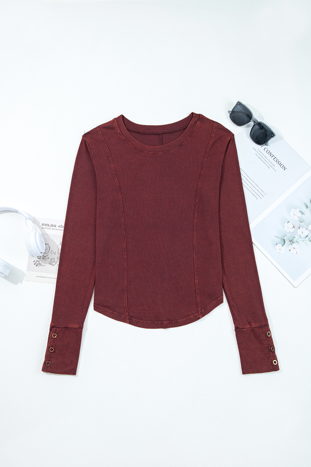Burgundy Exposed Seam Ribbed Long Sleeve Top - loveforevers