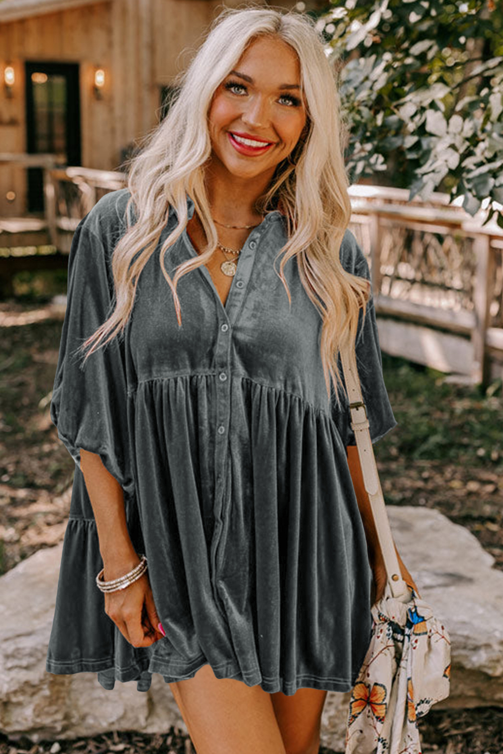 Burgundy 3/4 Sleeve Tunic Babydoll Velvet Shirt - loveforevers