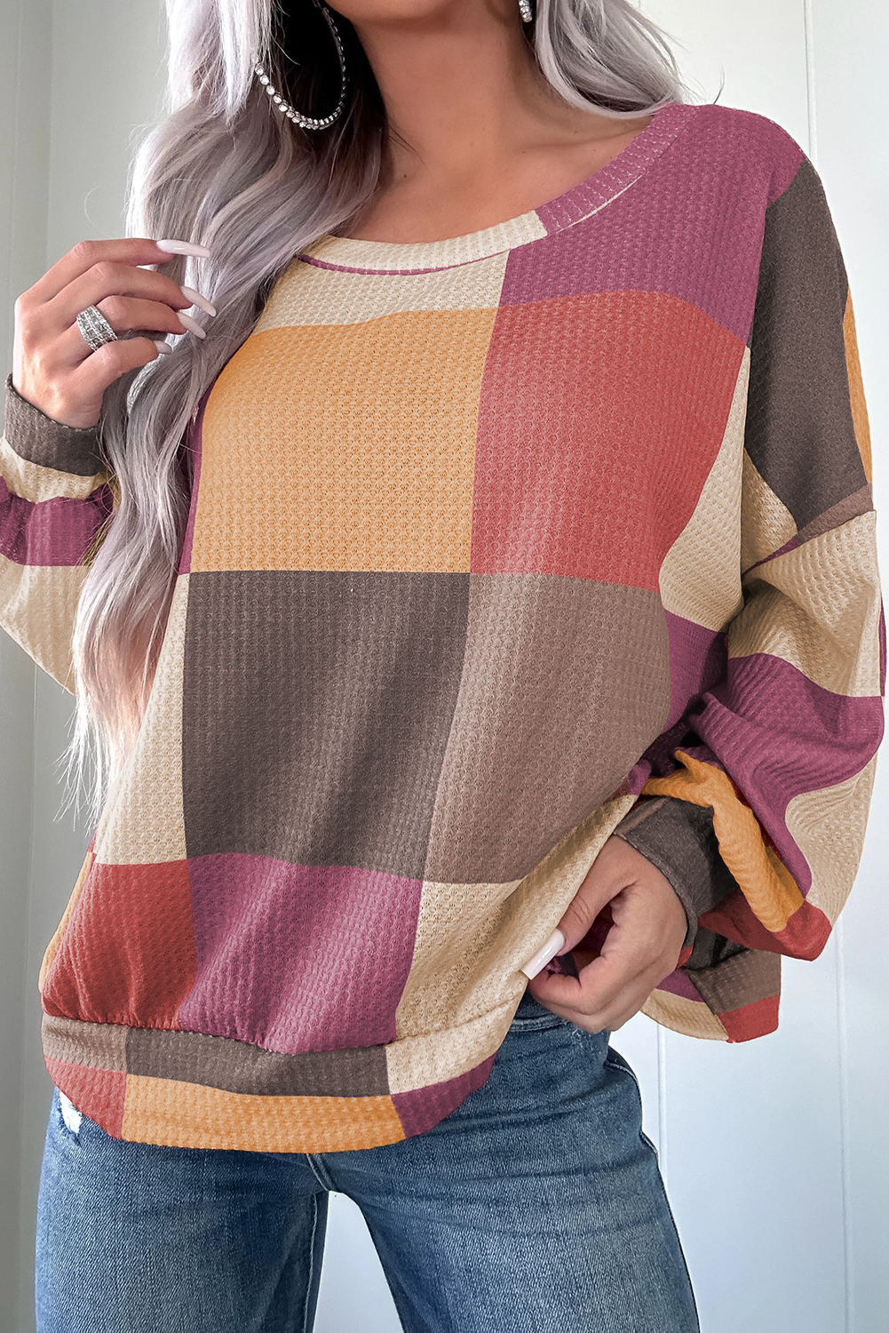Green Checkered Print Textured Knit Long Sleeve Loose Top - loveforevers