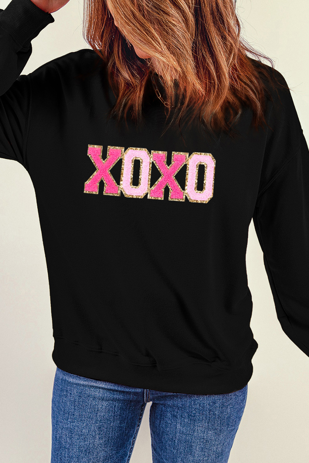 Black Chenille XOXO Patched Drop Shoulder Valentines Pullover Sweatshirt - loveforevers
