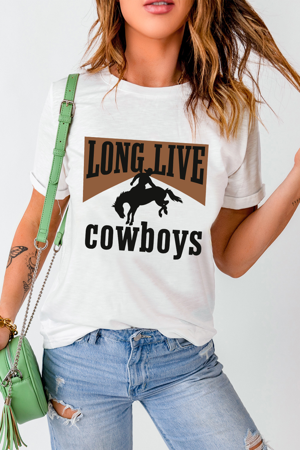 White LONG LIVE Cowboys Western Graphic Loose Tee - loveforevers