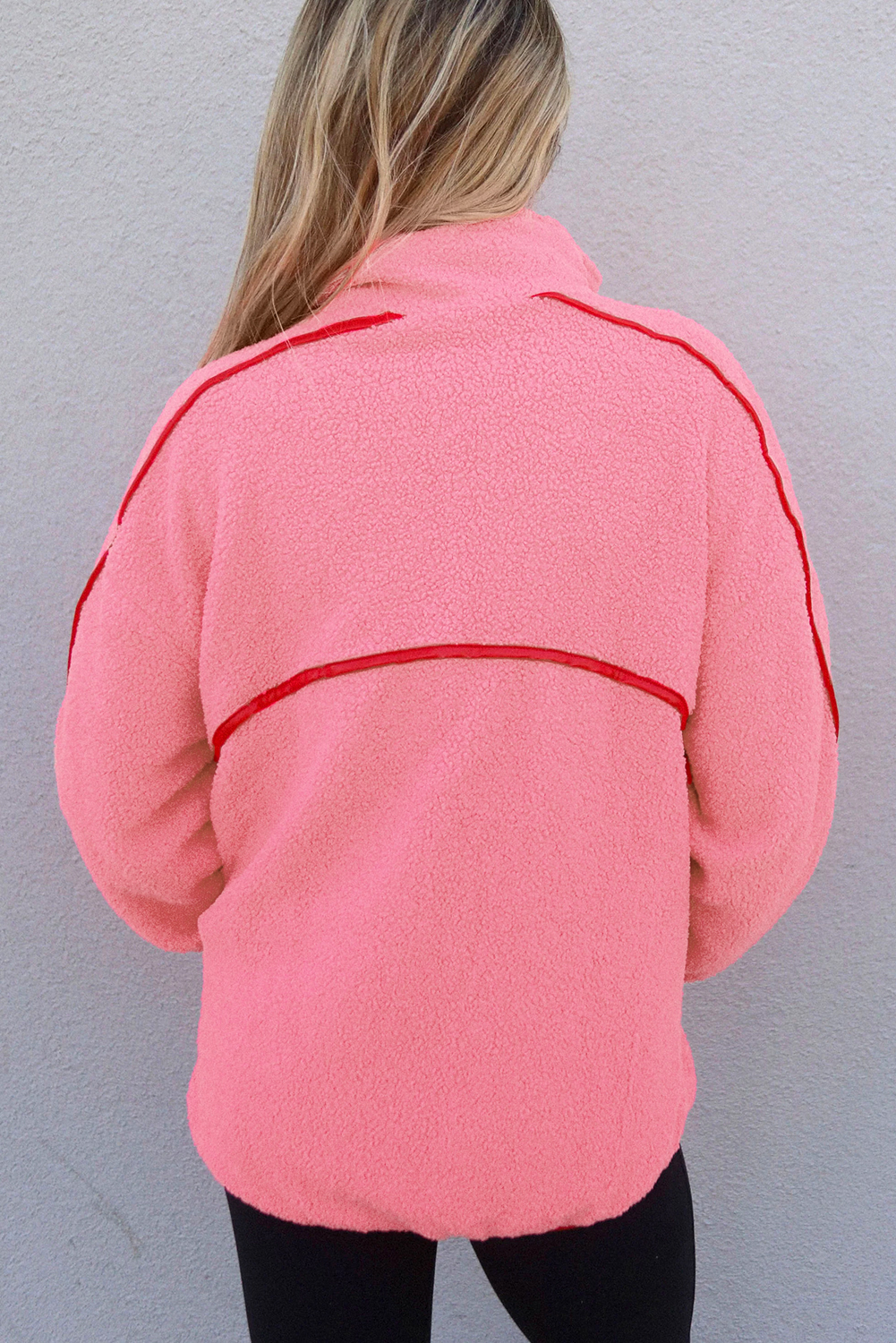 Strawberry Pink Sherpa Contrast Faux Leather Trim Half Zip Pocketed Pullover Sweatshirt - loveforevers