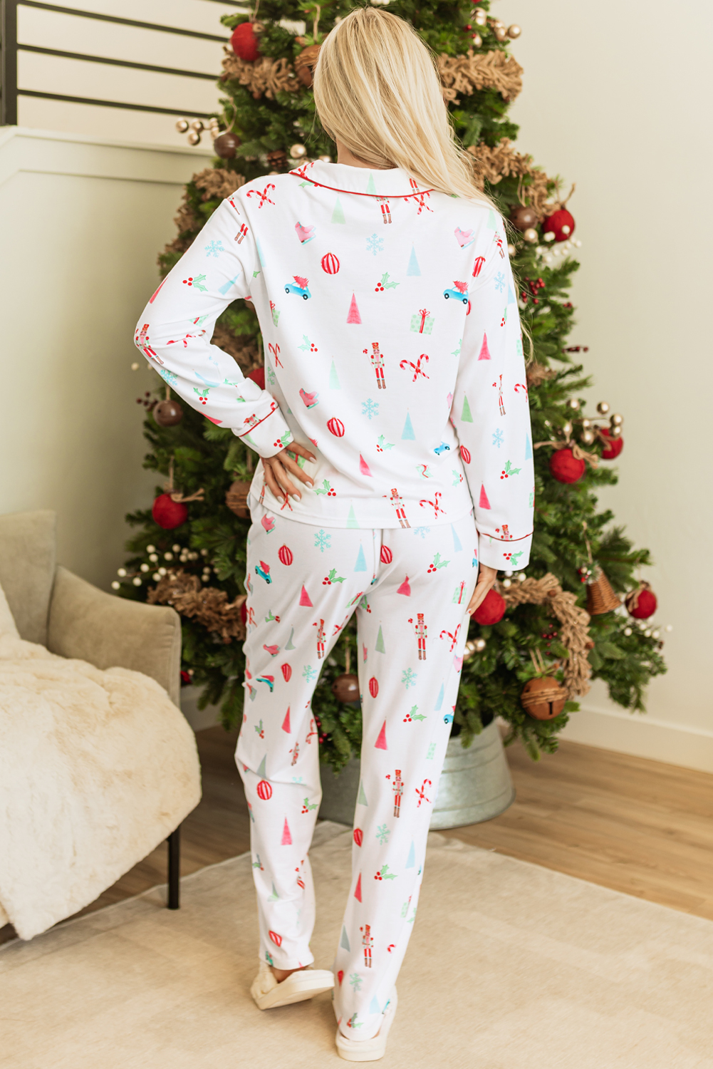 White Christmas Print Lapel Shirt and Pants Sleepwear - loveforevers