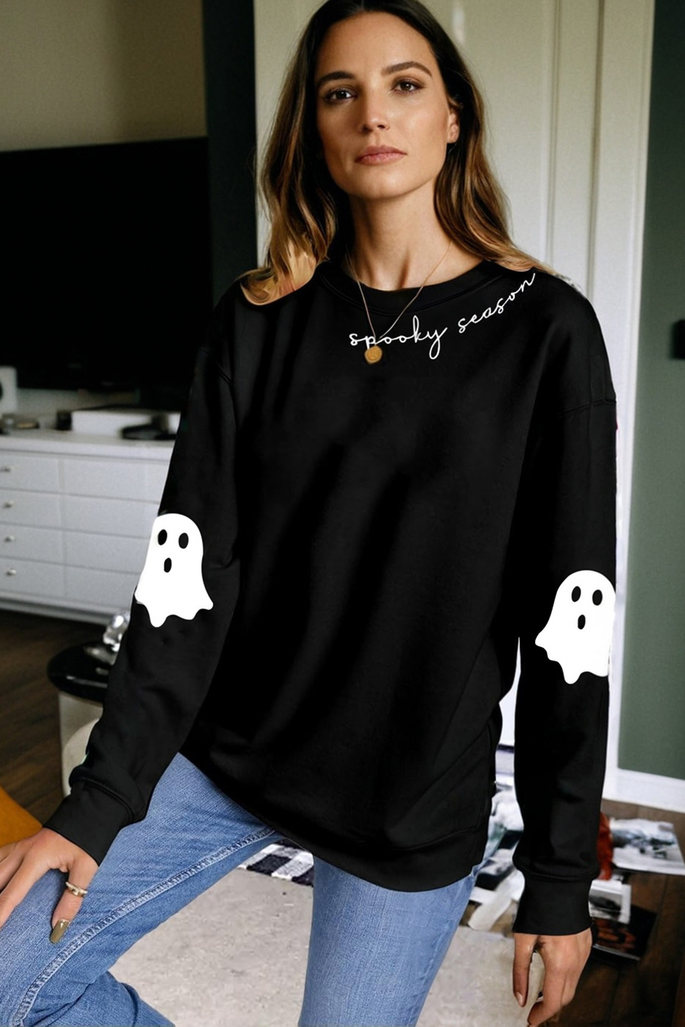 Black Spooky Season Halloween Ghost Printed Drop Shoulder Sweatshirt - loveforevers