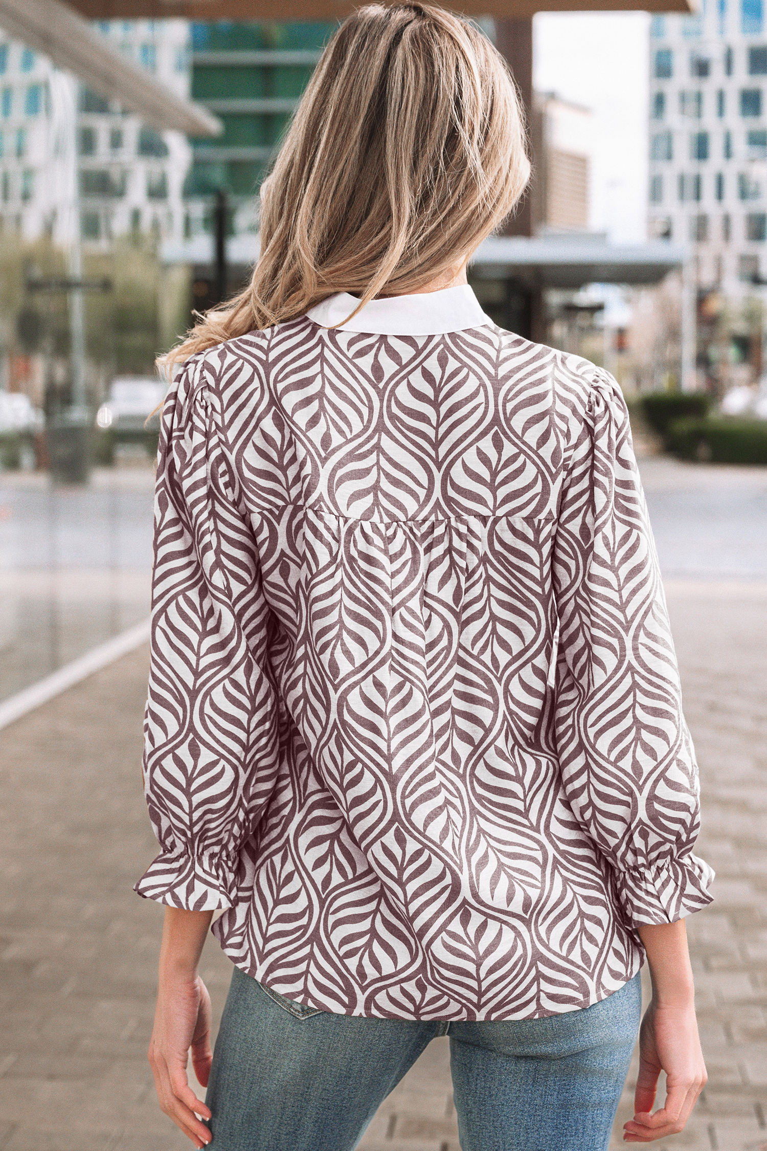 Brown Leaf Print Standing Collar Puff Sleeve Top - loveforevers