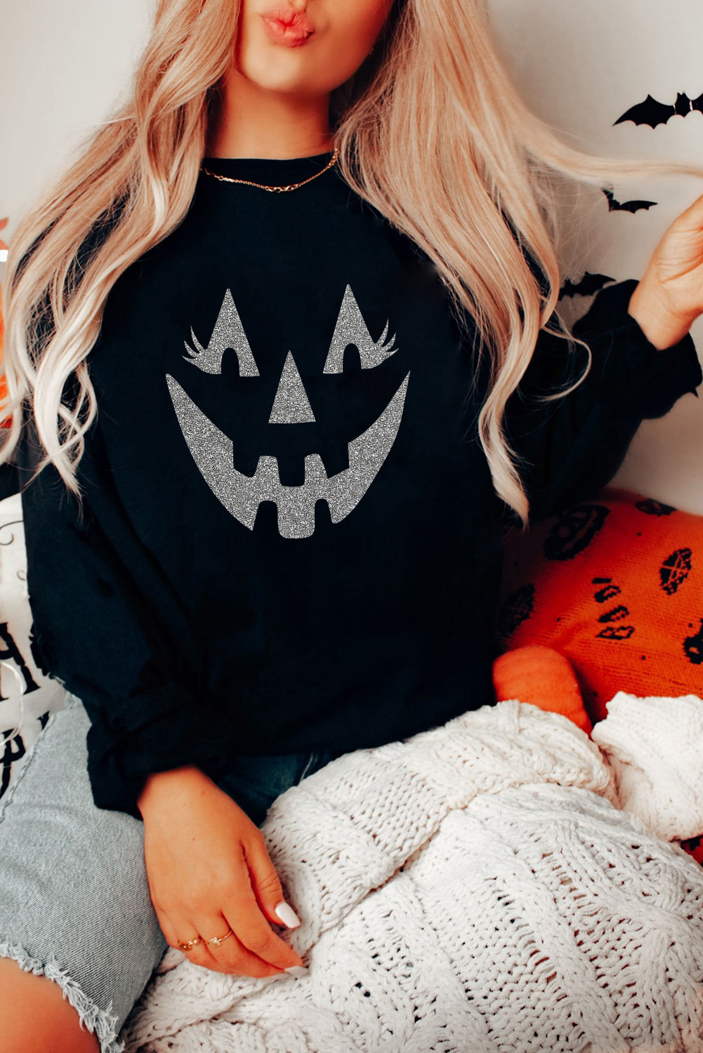 Black Spooky Face Printed Halloween Fashion Baggy Sweatshirt - loveforevers