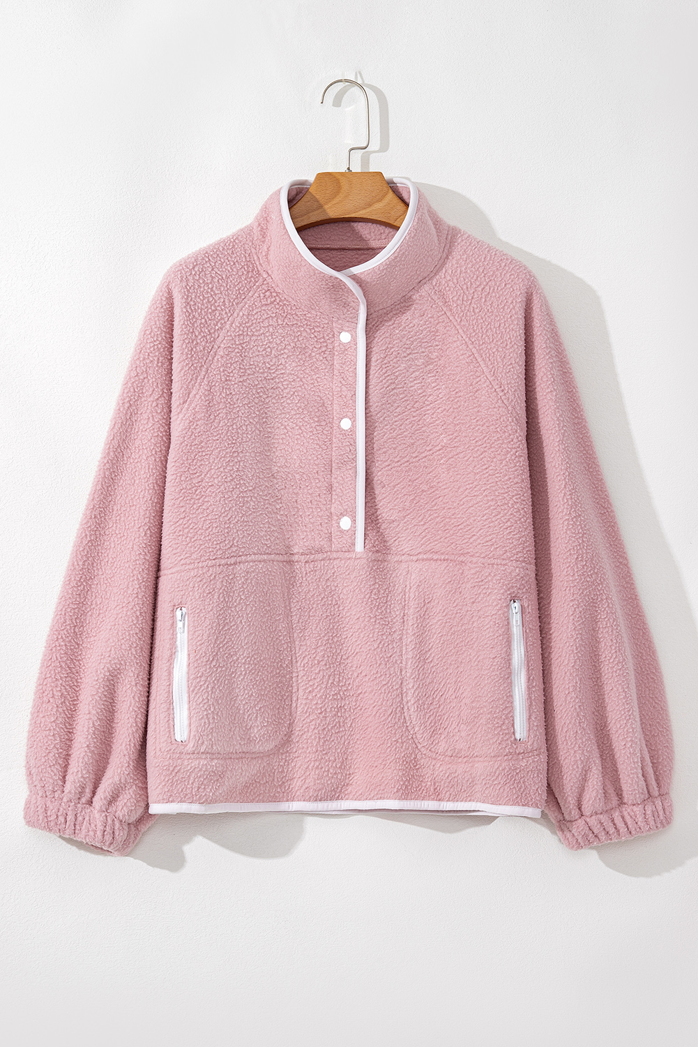 Fushia Stand Neck Half Button Zip Pocket Plush Sweatshirt - loveforevers
