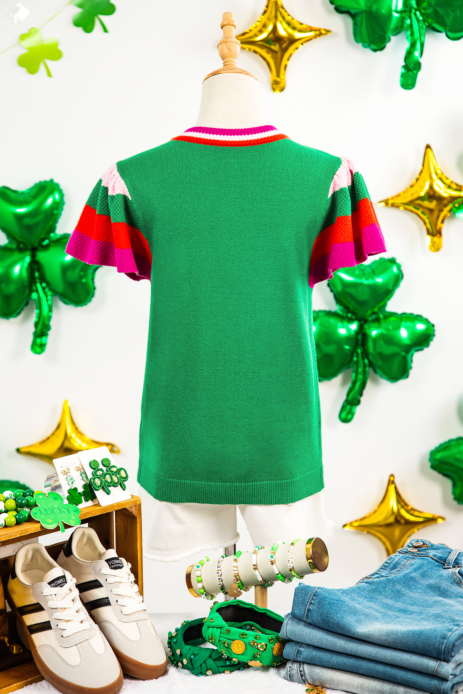 Bright Green Shiny Lucky Striped Flutter Sleeve Round Neck Sweater - loveforevers