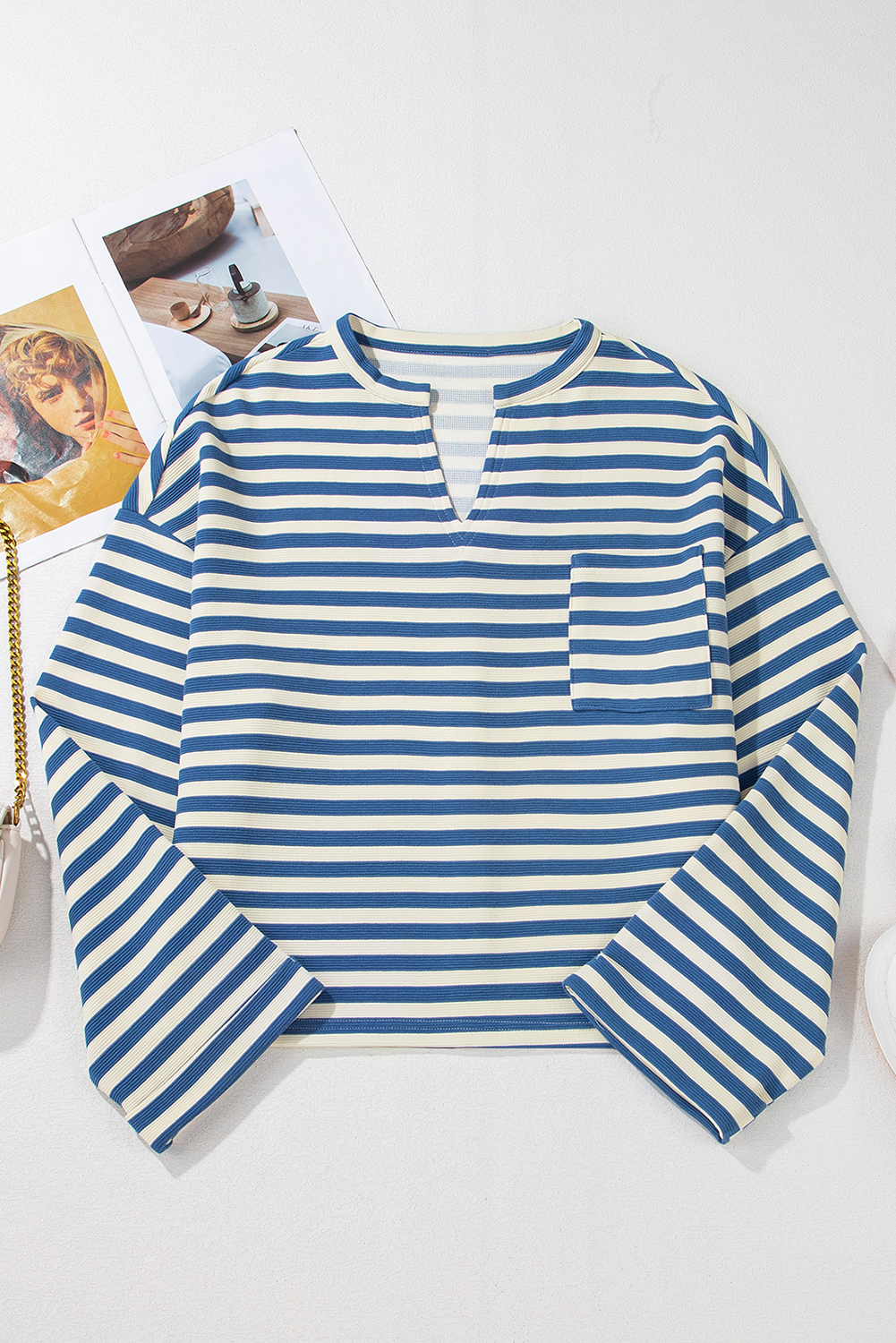 Sky Blue Stripe Chest Pocket Buttoned Back Notched V Neck Top - loveforevers