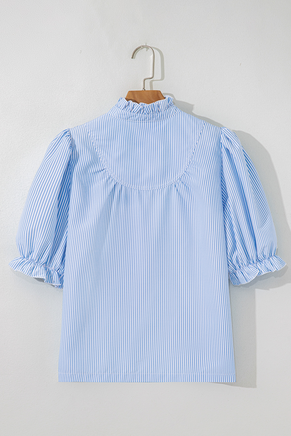 Sky Blue Stripe Ruffled Collar Puff Sleeve Half Buttons Blouse - loveforevers