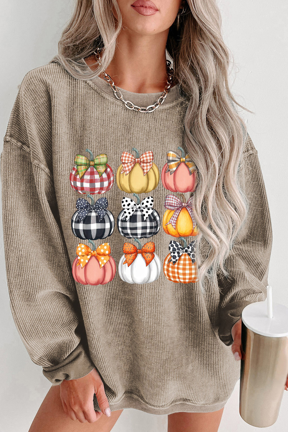 Khaki Trendy Textured Bow Pumpkin Graphic Baggy Sweatshirt - loveforevers