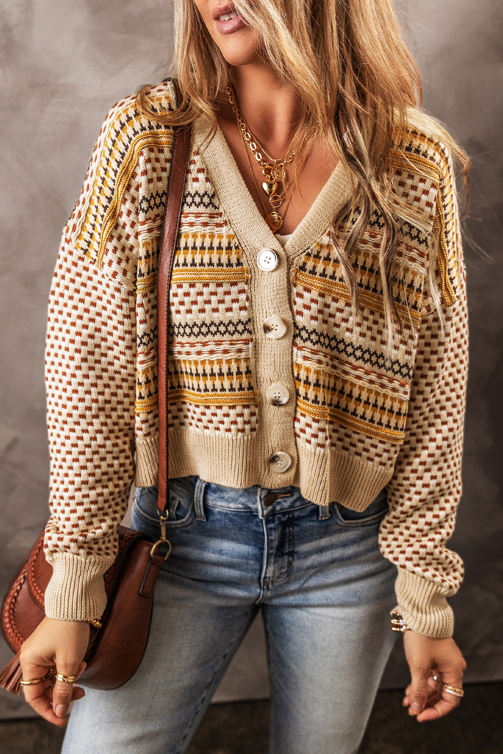 Khaki Buttoned V Neck Cropped Cardigan - loveforevers