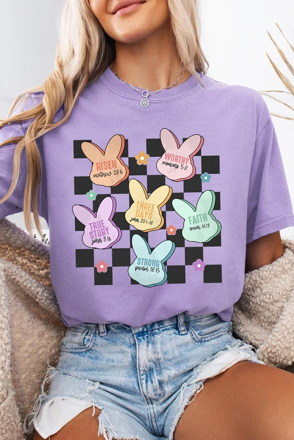 Wisteria Bunny Bible Verses Checkered Print Easter T Shirt - loveforevers