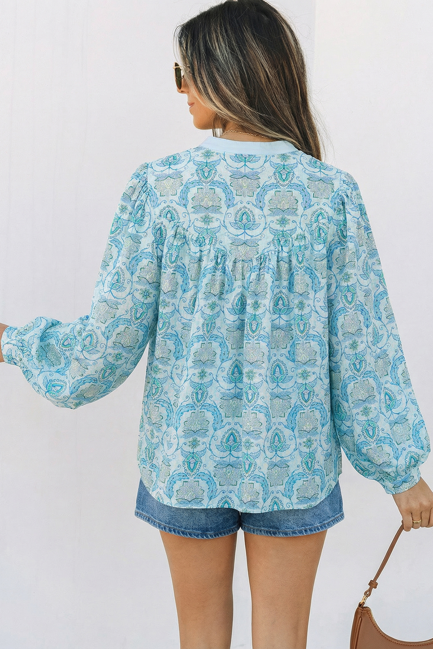 Sky Blue Paisley Print Puff Sleeve Loose Shirt - loveforevers