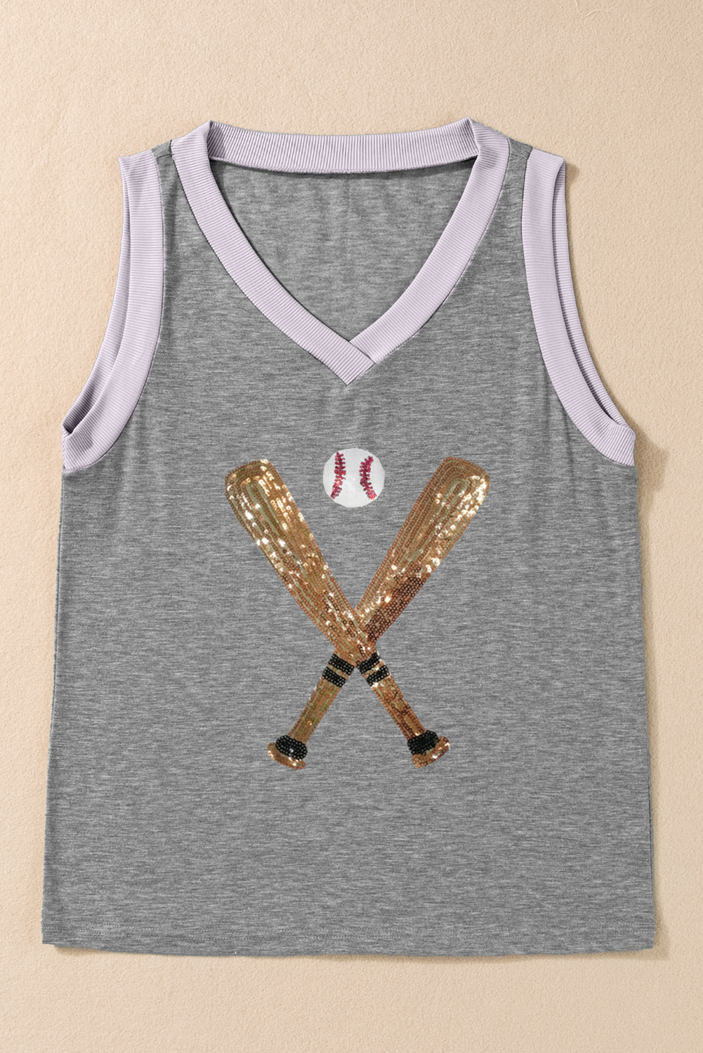 Gray Sequined Baseball Bat Graphic Ribbed Trim Casual Tank Top - loveforevers