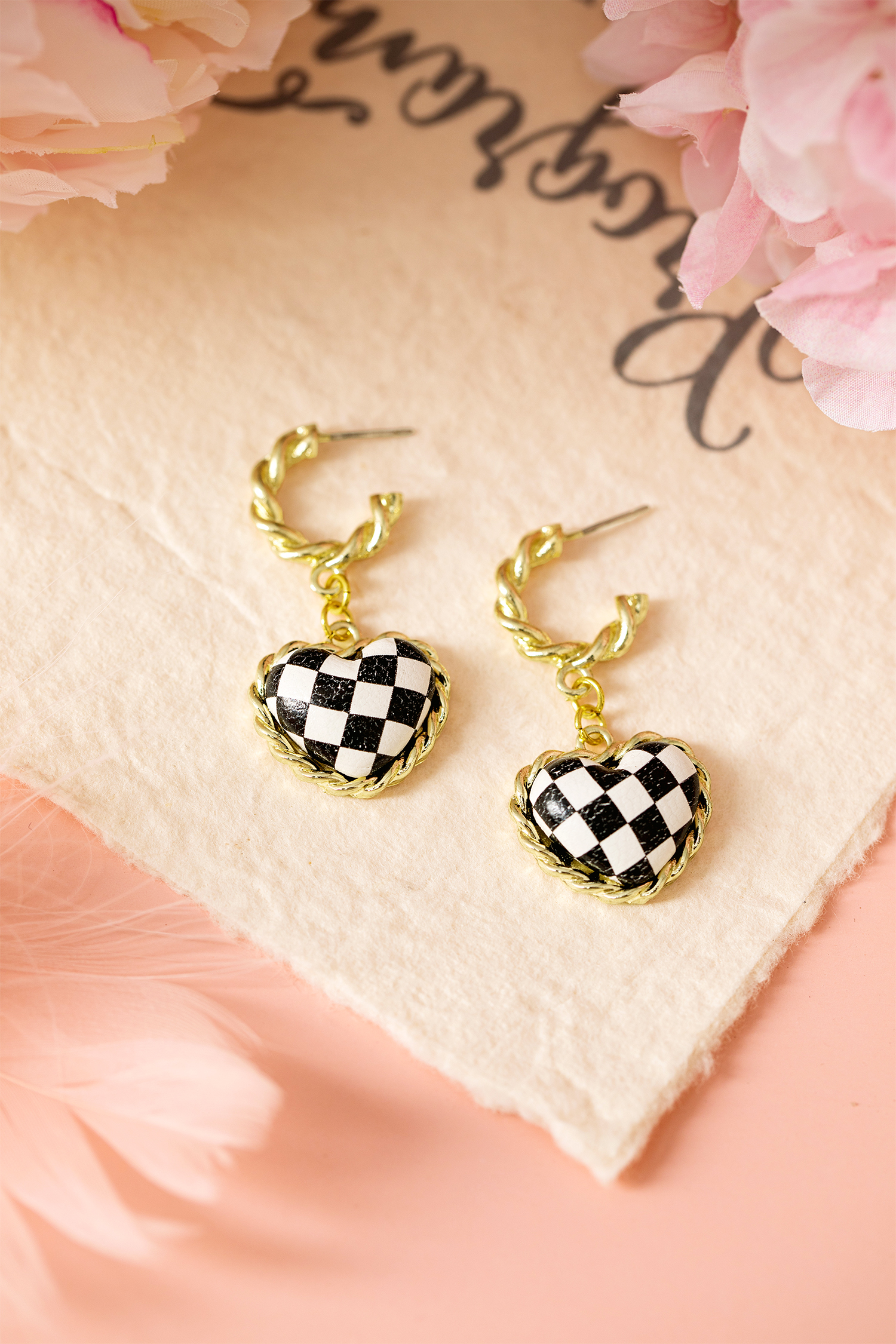 Black Checkered Heart Dangle Gold Plated Twisted Hoop Stud Earrings - loveforevers