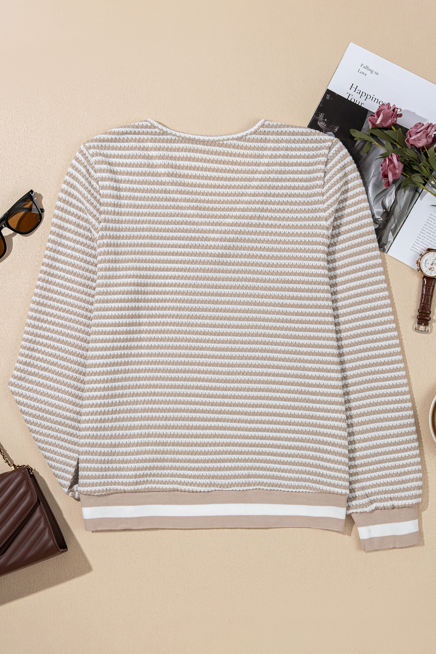 Beige Striped Textured Knit V Neck Casual Top - loveforevers