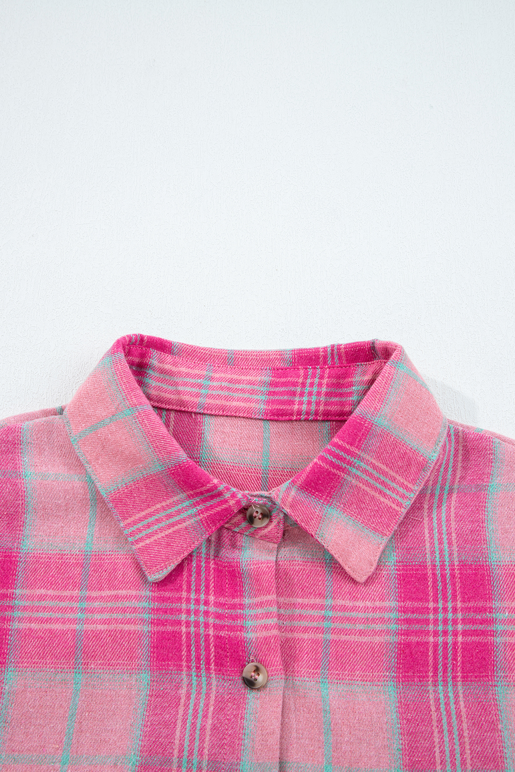 Sachet Pink Plaid Print Rounded Hem Long Sleeve Shirt with Pockets - loveforevers