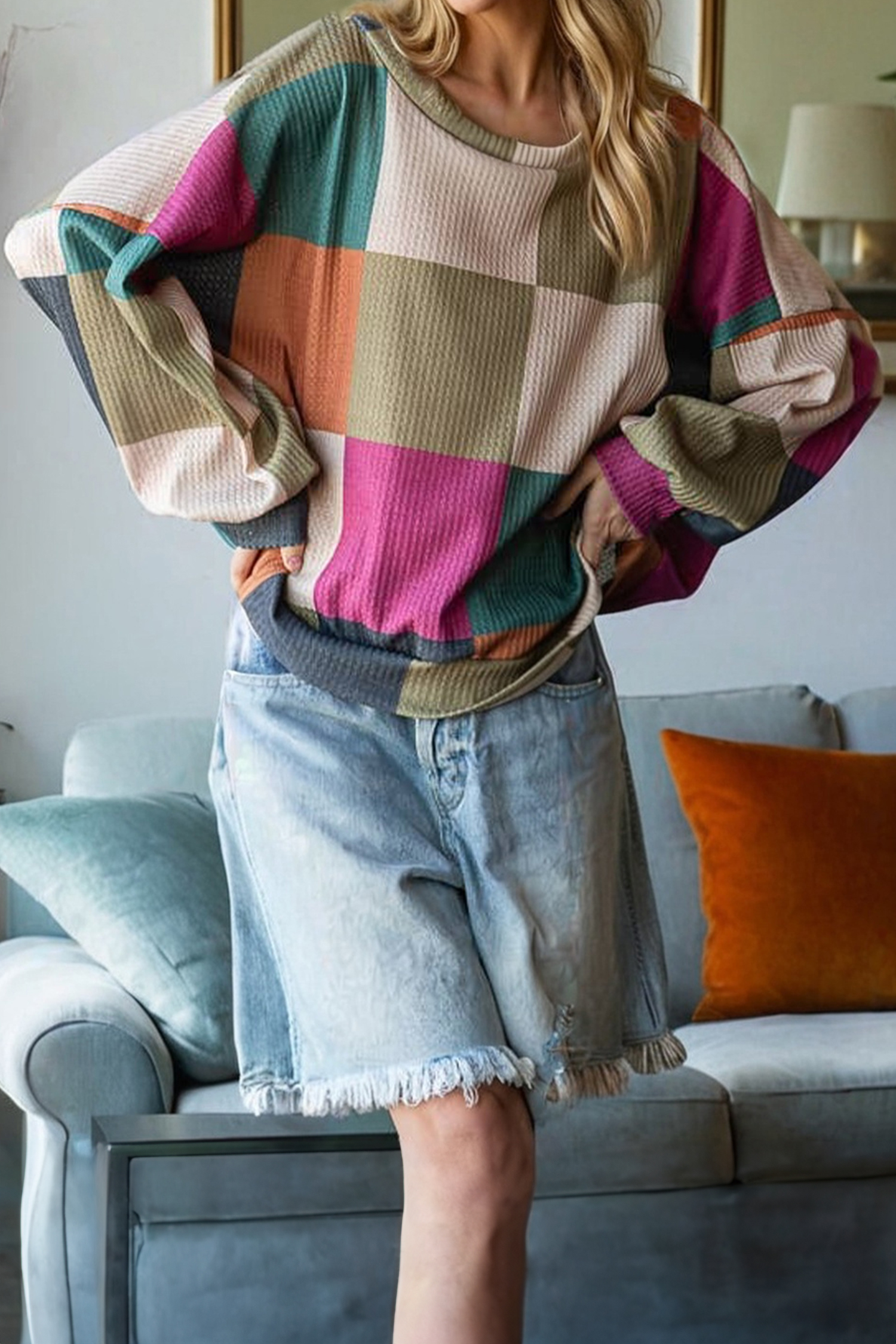 Green Checkered Print Textured Knit Long Sleeve Loose Top - loveforevers