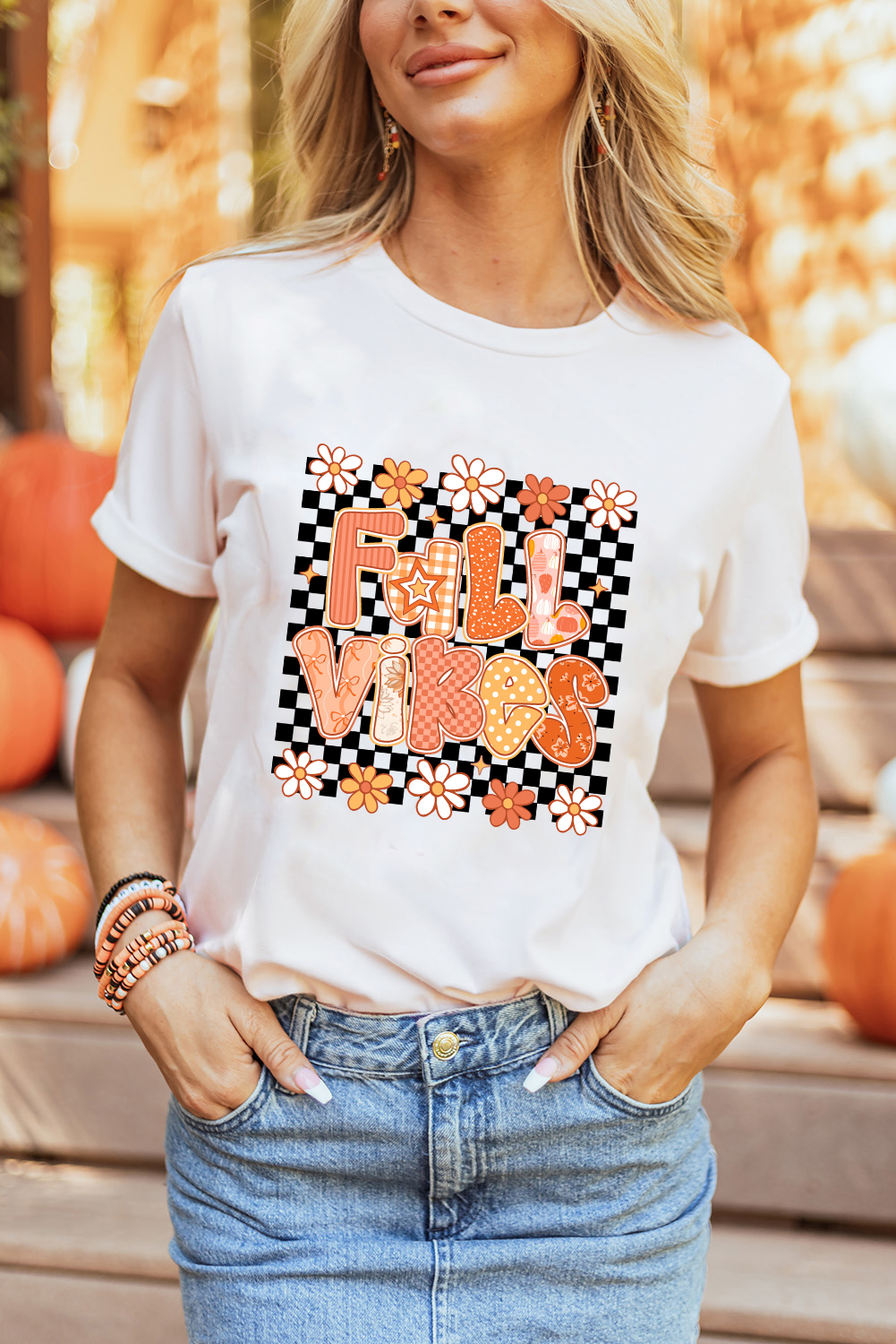 White FALL VIBES Cute Graphic Heat Transfer Tee - loveforevers